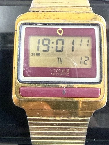 Vintage Timex Q Digital Watch Gold Burgundy S-Cell Rare Retro 24Hr Works Great