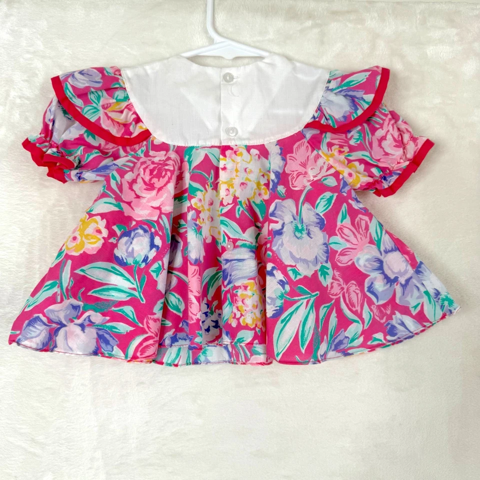 VTG Floral Bow Ribbon Peter Pan Collar Puff Sleeves Dress Baby 12 Months Pink - Image 2 of 4