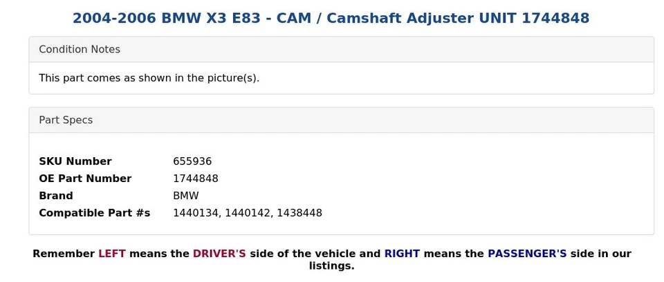 BMW X3 E83 2004-2006 - UNIDAD DE AJUSTE DE LEVAS / LEVAS 1744848 Foto 4 de 4
