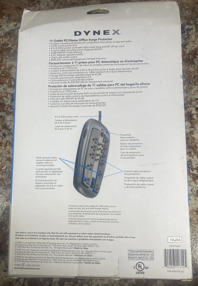 Dynex DX- S114241- 11 Outlet PC/Home Office Surge Protector 8-Foot - Image 2 of 3