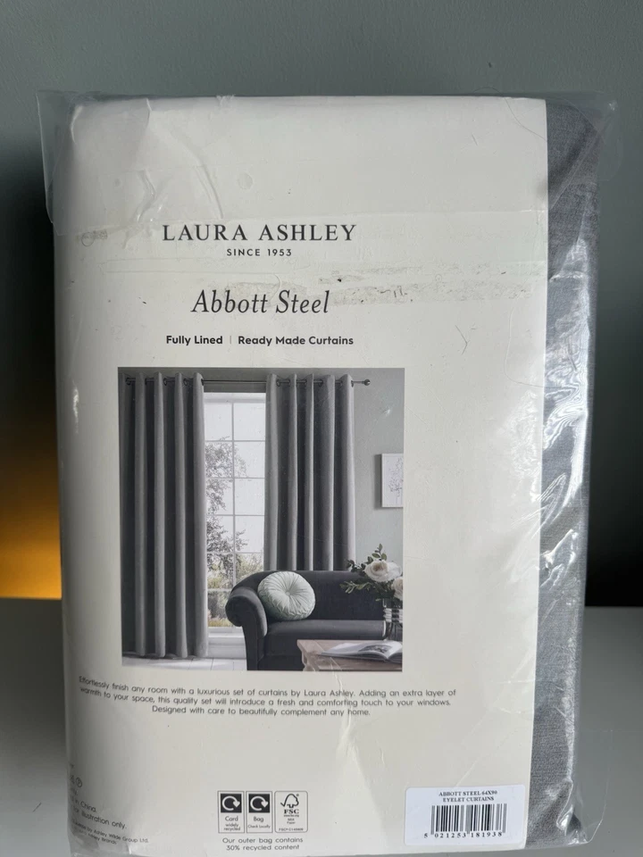 Laura Ashley Abbott Steel Large Eyelet Fully Lined Chenille Curtains - Image 3 of 4