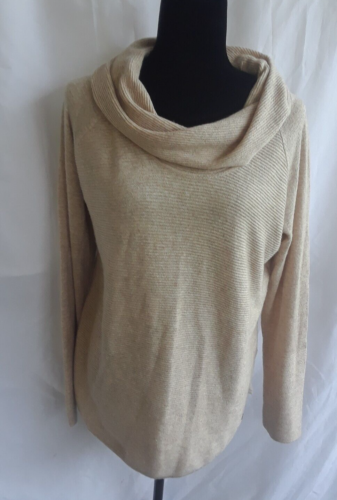 Calvin Klein Womens Sweater L Tan Cowl Neck Nylon Wool Blend Ribbed Soft L-S