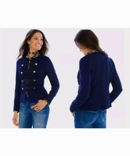Chico's Jacket Navy Blue Military Blazer Stretch Twill Gold Buttons Women Size 1