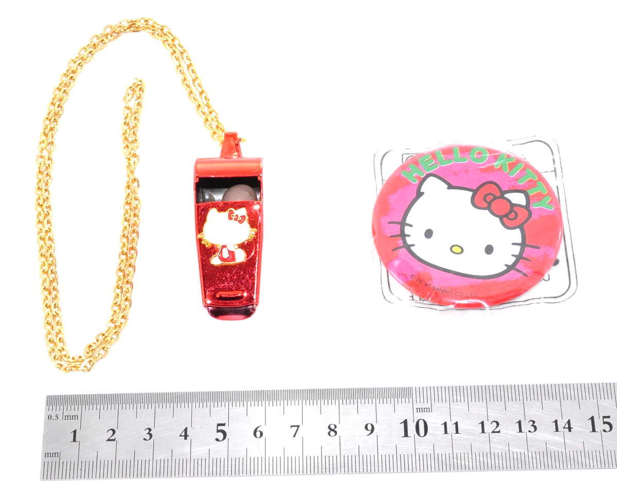 Rare Vintage Sanrio Hello Kitty Tin Whistle & Badge Set Japan 1976