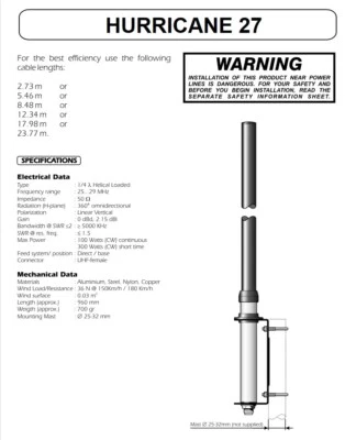 ALBRECHT CB FUNK HOCH BASIS BALKON ZIMMER ANTENNE HURRICANE EXCALIBUR 300 Watt Lambda1/4