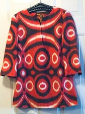 TORY BURCH Sz 6 or S Women's Tunic Linen 3/4 Sleeve Red/Brown/White Ornament