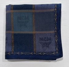 MEN HANDKERCHIEF NAVY BLUE CHECK MCM LOGO WOVEN FABRIC COTTON POCKET SQUARE 18