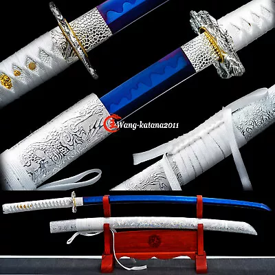 SJ SHI JIAN Blue White Battle Ready Full Tang Japanese Samurai Katana Sword 1095Carbon Steel