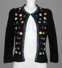 VTG INC 3-D Sequin Flowers & Trim Open Front Angora Blend Black Cardigan Wm's S