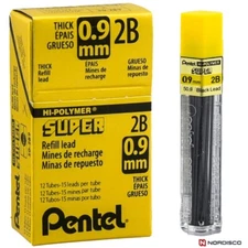 Pentel 50-2B9 0.9mm Super Hi-Polymer Lead Refills 2B, Box of 12 Tubes, 180 Leads