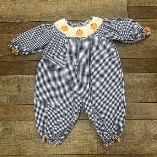 Marie Nicole 6-12 Months Smocked One Piece Pumpkin Jumpsuit Fall Blue & White