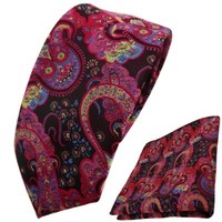 Schmale Tigertie Krawatte + Einstecktuch Rot Dunkelrot Rosa Blau Paisley