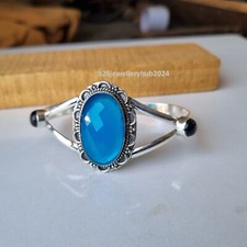 Natural Blue Chalcedony Gemstone Bangle 925 Sterling Silver Promise Gift PG5512