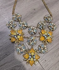 Bold Flower Statement Necklace Gold Tone Chain Floral Bib BLUE GOLD PINK YELLOW