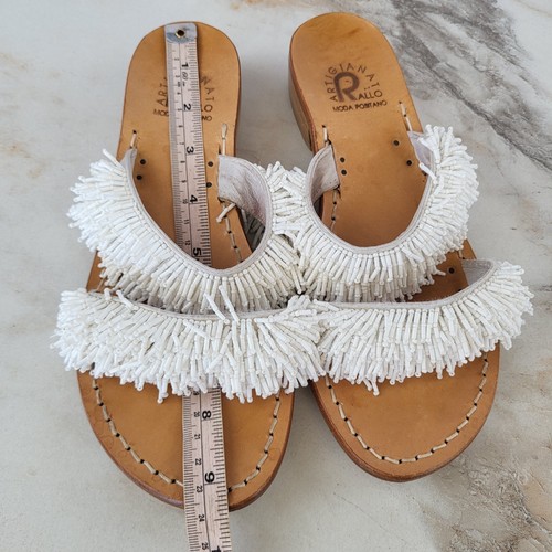 Artigianato Rallo Beaded Fringe Leather Slip On White Sandals Women's Size 36 - Picture 13 of 17