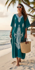 Women’s Blue Boho Embroidered Kaftan Maxi Dress Cotton Caftan Lounger L-2XL