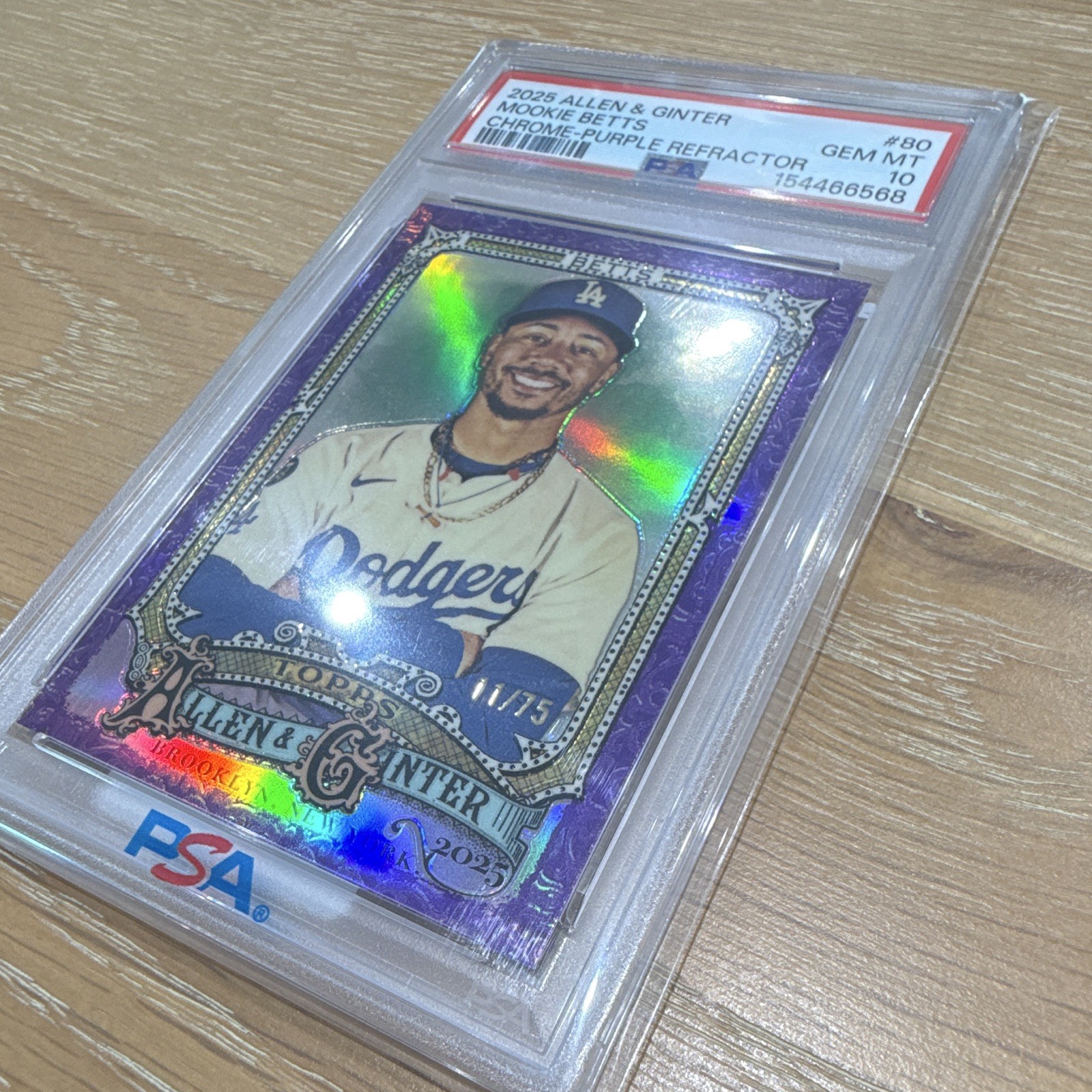 TOPPS 2025 ALLEN & GINTER MOOKIE BETTS CHROME PURPLE REFRACTOR /75 #80 PSA 10 view 4