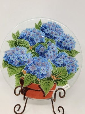 Peggy Karr ペギーカー フュージドガラス プレート アジサイ 皿 PEGGY KARR Signed Fused Glass HYDRANGEA 11” Round Serving Platter