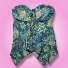 Y2K A. Byer Blue & Green Paisley Handkerchief Strapless Tube Top