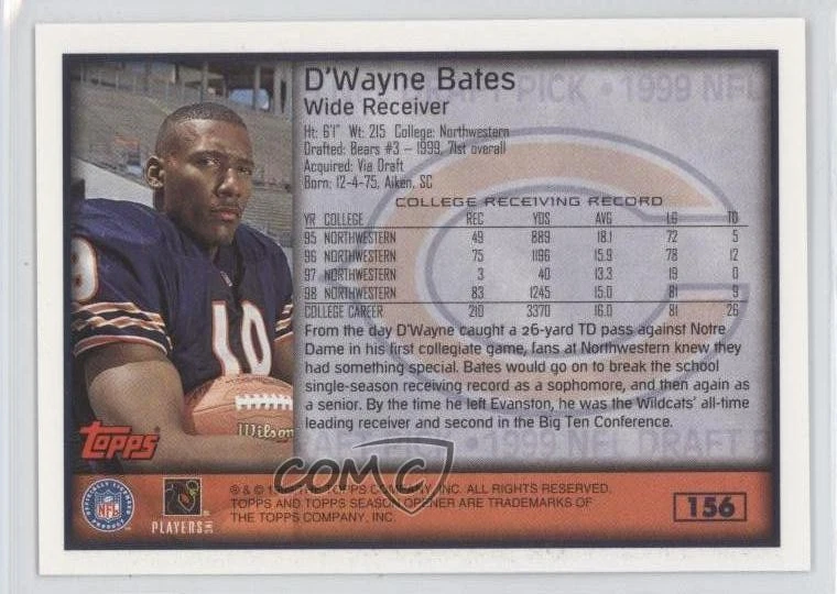 1999 Topps Season Opener 1999 NFL Draft Pick D'Wayne Bates #156 Rookie RC - Image 2 of 2