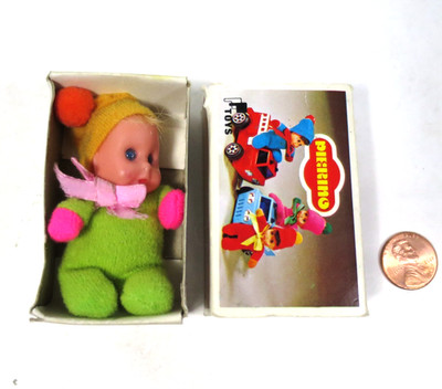 Pierino Vtg Mini Matchbox Green Bean Bag Doll Baby in Original Box 1970s Look