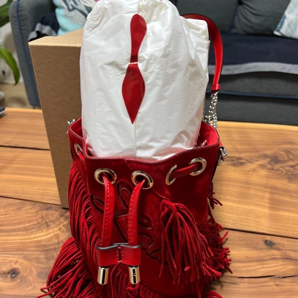 Unused Christian Louboutin Red Fringe Shoulder Bag Red suede Chain strap - Image 3 of 4