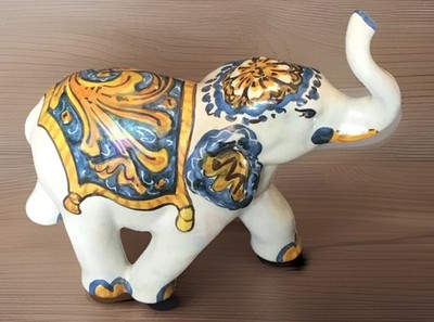 Ceramic Elephant Blues Yellow Iridescent Is Signed 