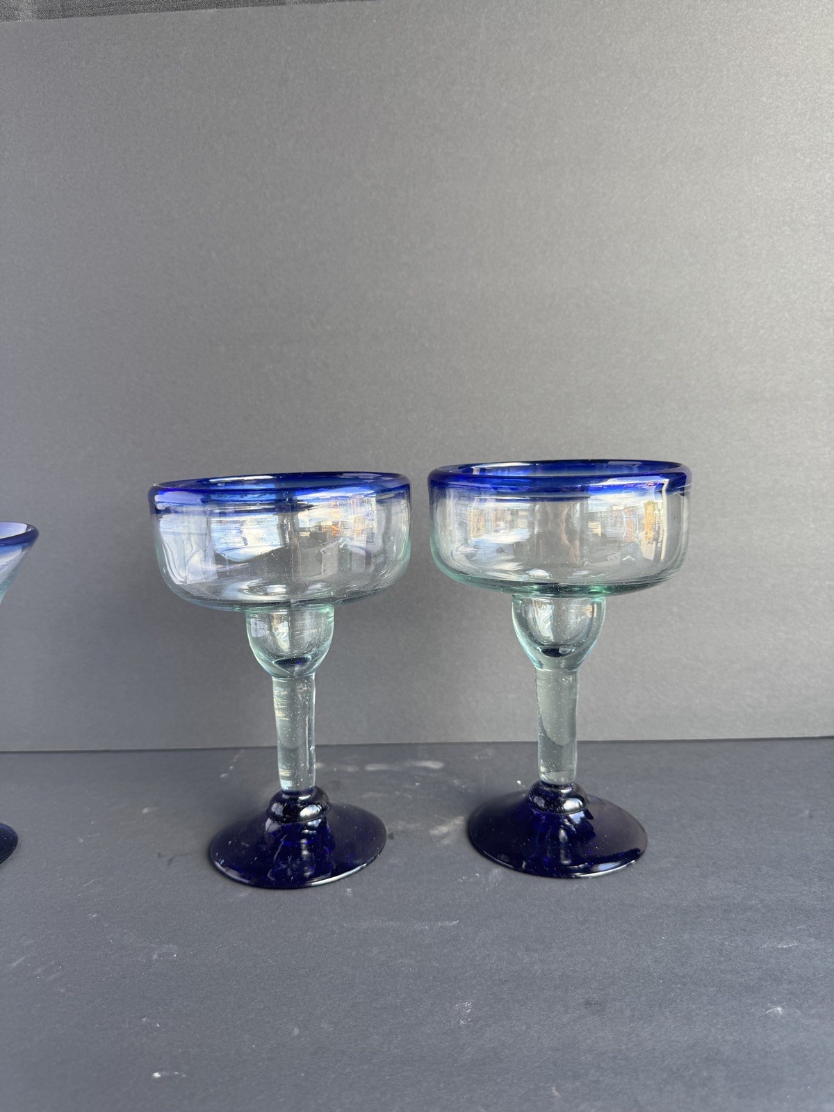 MEXICAN MARGARITA SET Hand-Blown Glass Cobalt Blue Rims. Pitcher/4 Glasses VGC