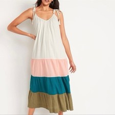 Old Navy Crinkle Gauze Midi Dress XL Tiered Long Color Block Textured Coastal