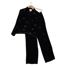 VTG Field Manor Velvet Silk Blend 2 Pc Top Pants M Black Beaded Paisley Lounge