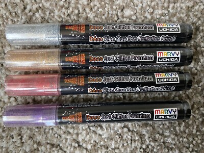 Lot of 4, Marvy Deco Just Glitter Premium Markers Red, Gold, Silver, Violet NEW