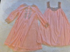 VTG 70  s VAL MODE Peach Lingerie Nightgown Small Robe Lace Peignoir 2 Piece Set