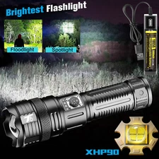 Zoom USB Rechargeable LED Flashlight Tactical Super Bright XHP90 LED Torch Lamp 