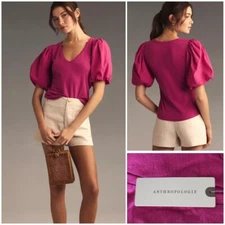 By Anthropologie Puff-Sleeve V-Neck Top Mulberry Size Large NWT $78