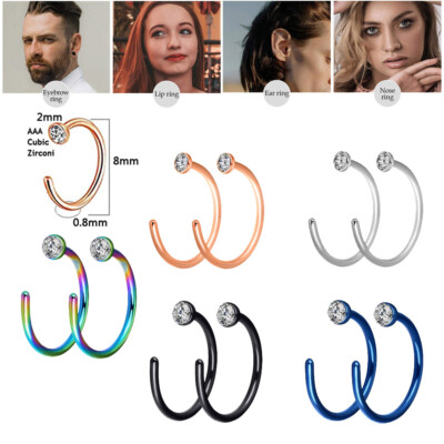 20Pcs Nose Ring Hoop Clear CZ Top Surgical Steel Helix Earring Body Piercing 20G