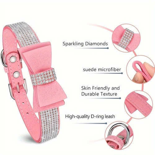 2PCS Bling Rhinestone Dog Collar w/120cm Leash set Cute Dog Tie Collar+Rope - Picture 4 of 16