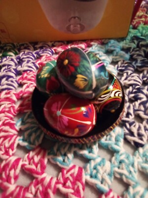 4 Wooden Easter Eggs Hand Painted Multicolor Folk Art