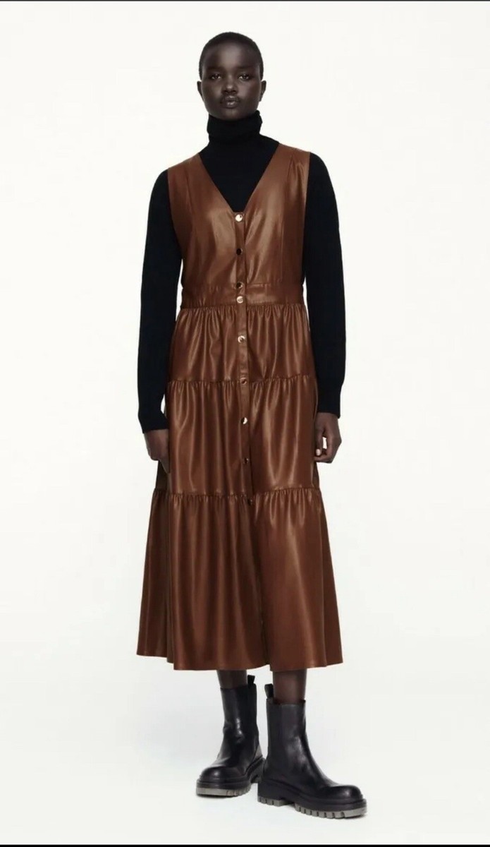 Zara Faux Leather Brown Ruffled Pinafore Dress Size S