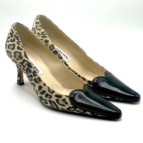 Vanessa Noel Black Leather Heart Leopard Print Pumps Made in Italy EU37/US7