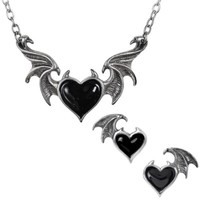 Alchemy Gothic Blacksoul Halskette Ohrringe Set Demon FlüGel Schwarz Herz P896