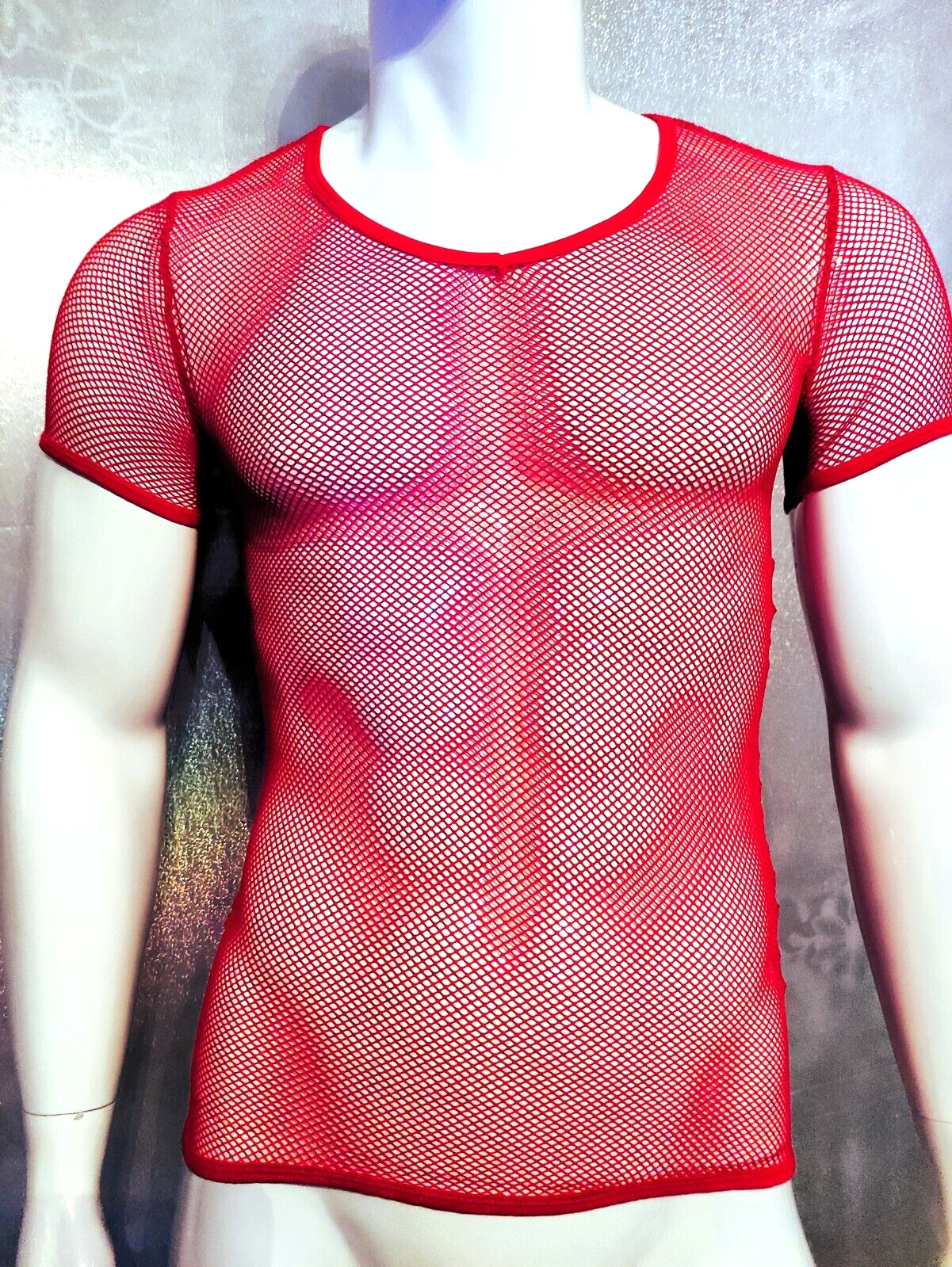 ALTRA NUOVO! Camicia a rete maniche corte uomo shirt top super soft stretch sexy scollo a V rosso taglia 1