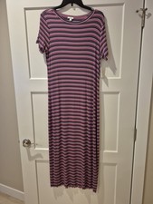 Long Pink Maroon Gray Stripe Stretch Sweater Dress Dip Ruffle Edge Sz Medium