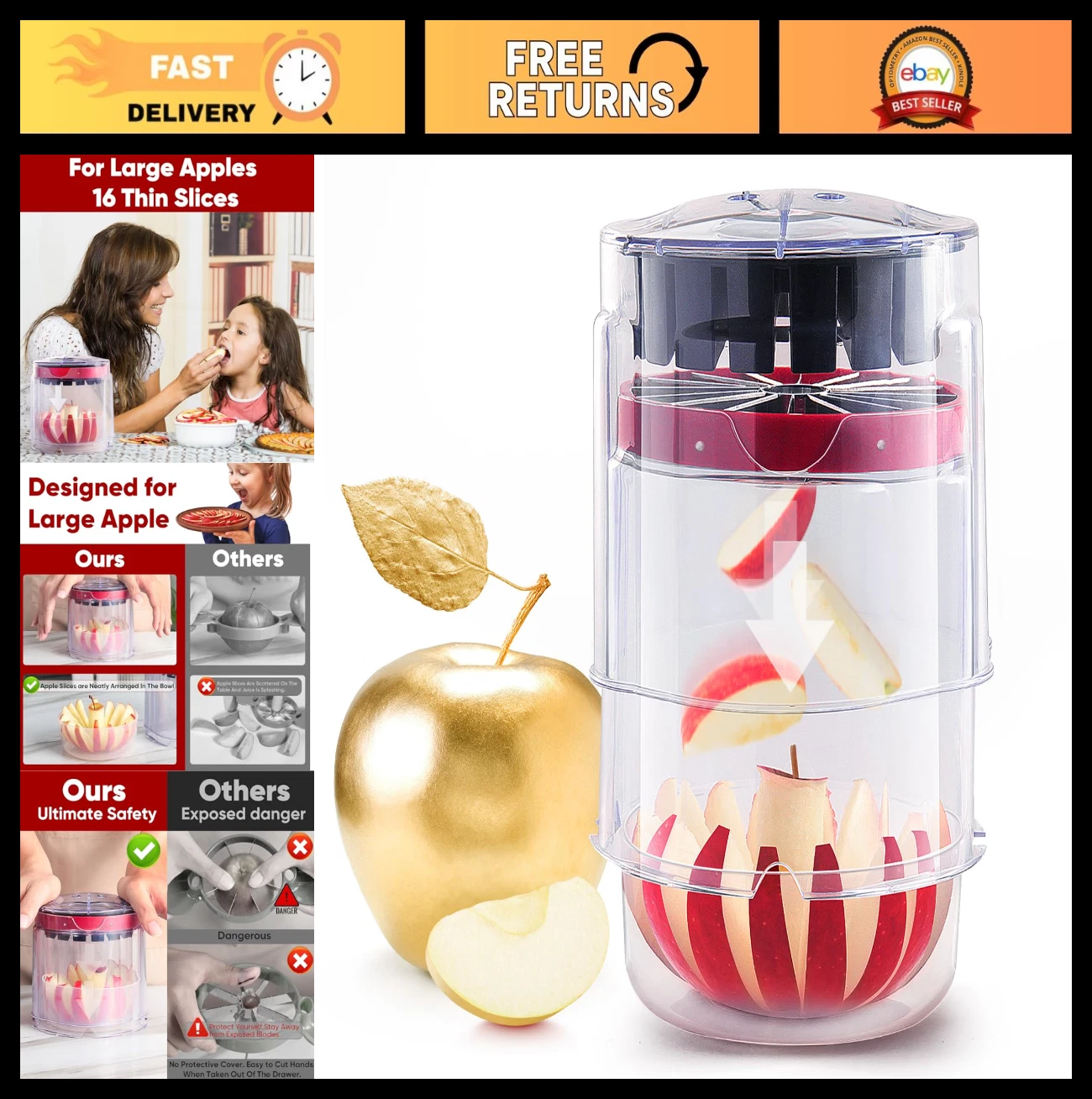Extra-Large Apple Slicer & Corer - 16-Blade Stainless Steel Cutter, Quick Divide