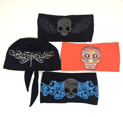 TAWGEAR WOMENS BIKER HEADBAND BANDANA WRAP LOT 4pc SKULL RHINESTONE BEADED USA