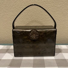 Vintage Wilardy Brown Marbleized Lucite Box Purse Evening Hand Bag Flower Clasp