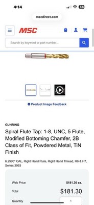 Guhring 1 -8UNC 5 Flute Powered Metal Modified Bottoming Tap