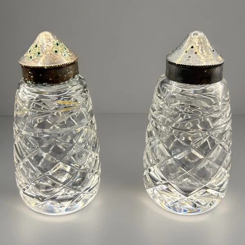 Vtg WATERFORD Crystal Salt and Pepper Set Glandore Pattern W/ Silver Plated Tops