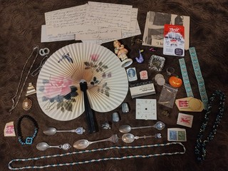 Grandma's Junk Drawer Lot Vintage Ephemera Jewelry Spoons Stamps Letters Etc.