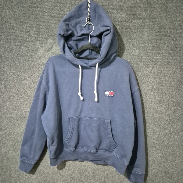 Tommy Jeans Womens Hoodie Blue Size S Cotton Cropped Boxy Pouch Pocket