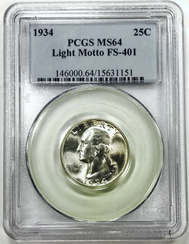 *1934 P WASHINGTON QUARTER* *PCGS MS64* *LIGHT MOTTO - FS401* *SCARCE* NR #G3784